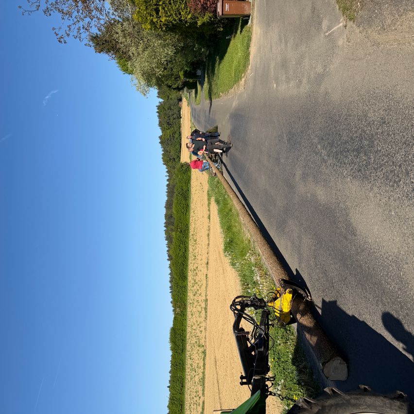 A group of people are standing on a road, likely preparing to load a log onto a vehicle. The log is placed on the side of the road, near a grassy area.