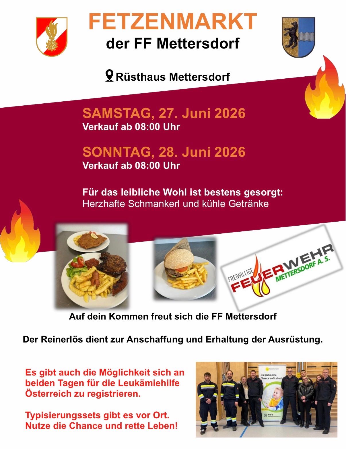Das Mettersdorfer Rusthaus kündigt Verkäufe am Samstag, 27. Juni, und Sonntag, 28. Juni 2026 ab 08:00 Uhr an. Herzhafte Snacks und kühle Getränke erwarten Sie. Die Veranstaltung unterstützt die Freiwillige Feuerwehr Mettersdorf.