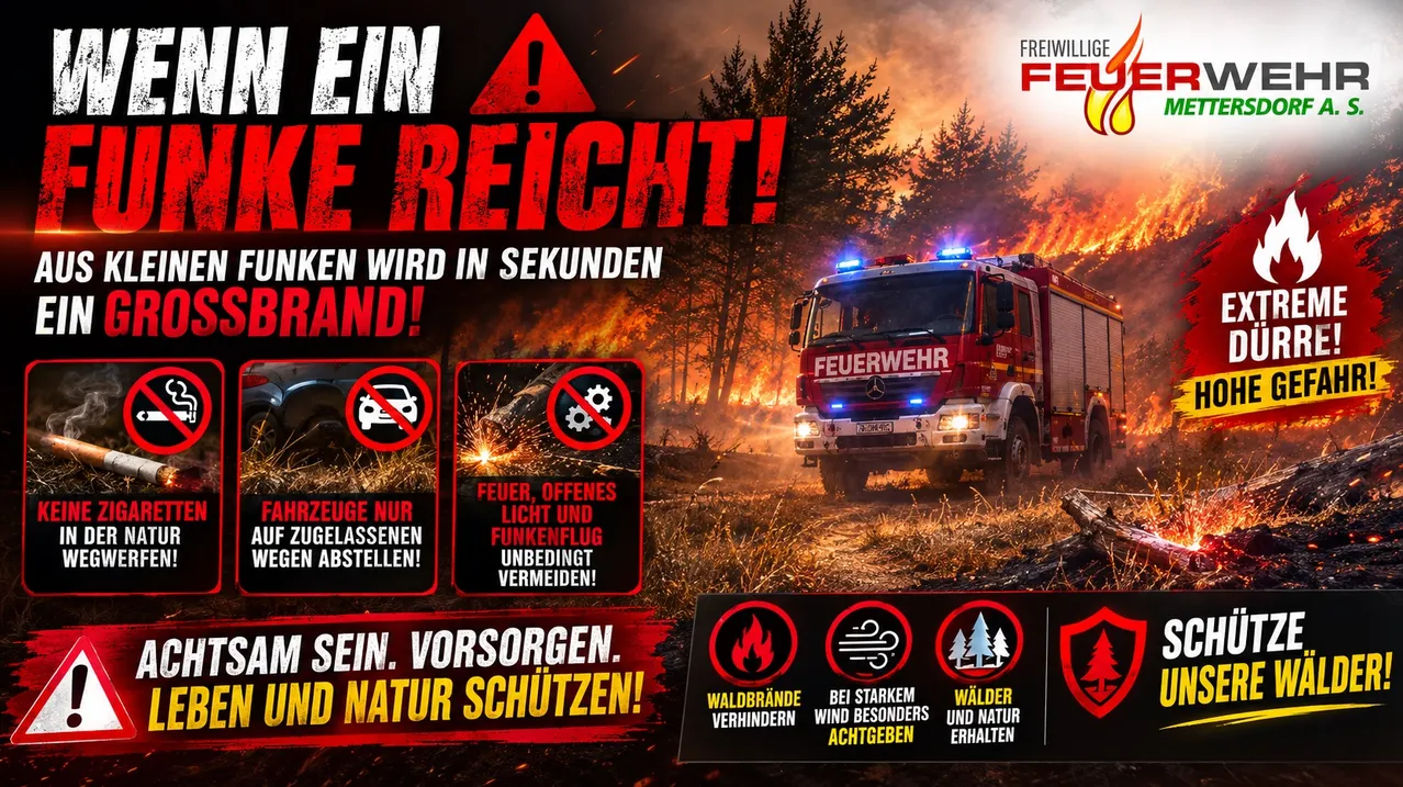 Ein Feuerwehrauto fährt durch einen brennenden Wald. Das Bild warnt vor den Gefahren von Waldbränden und rät, offene Flammen und Funken zu vermeiden.