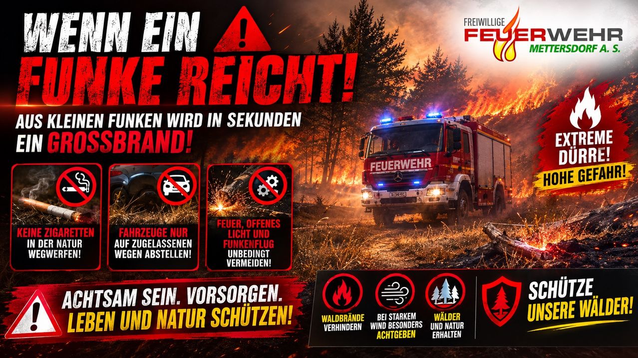 Ein Feuerwehrauto fährt durch einen brennenden Wald. Das Bild warnt vor den Gefahren von Waldbränden und rät, offene Flammen und Funken zu vermeiden.