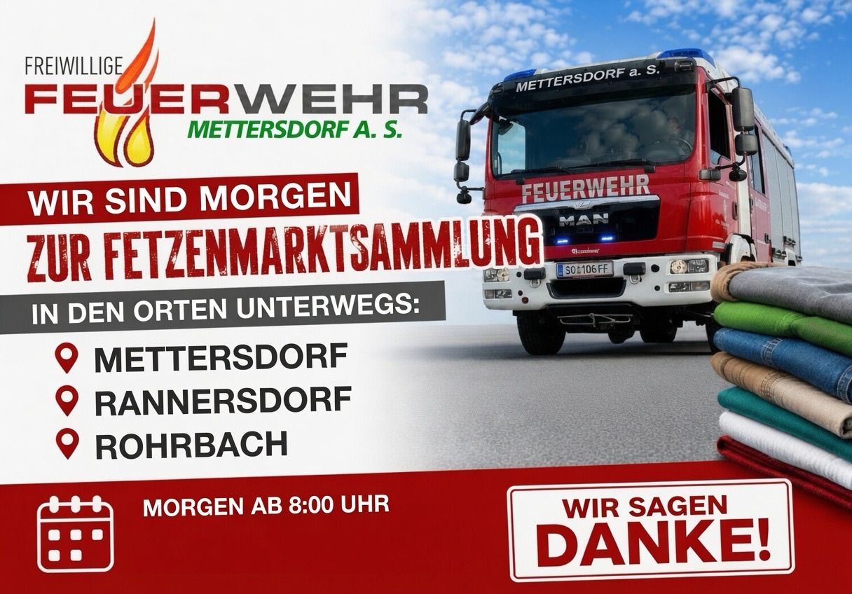 A firefighting vehicle from Mettersdorff is on the road. A citizen market gathering is happening tomorrow. Morning starting at 8 AM.