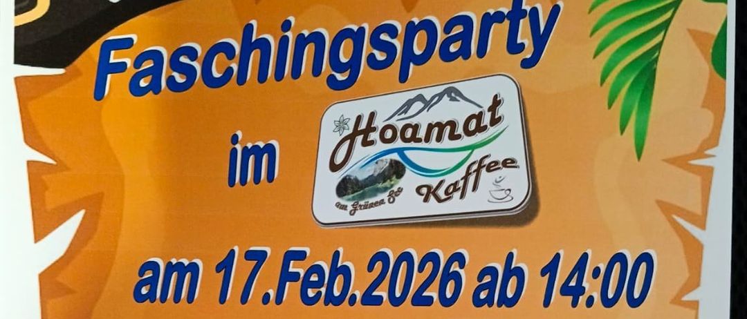 Plakat für eine Faschingsparty im Hoamaat Kaffee am 17.Februar 2026 um 14:00 Uhr. Zeigt einen Piraten, einen Papagei und Noten. Motto: 'Flug der Karibik'.