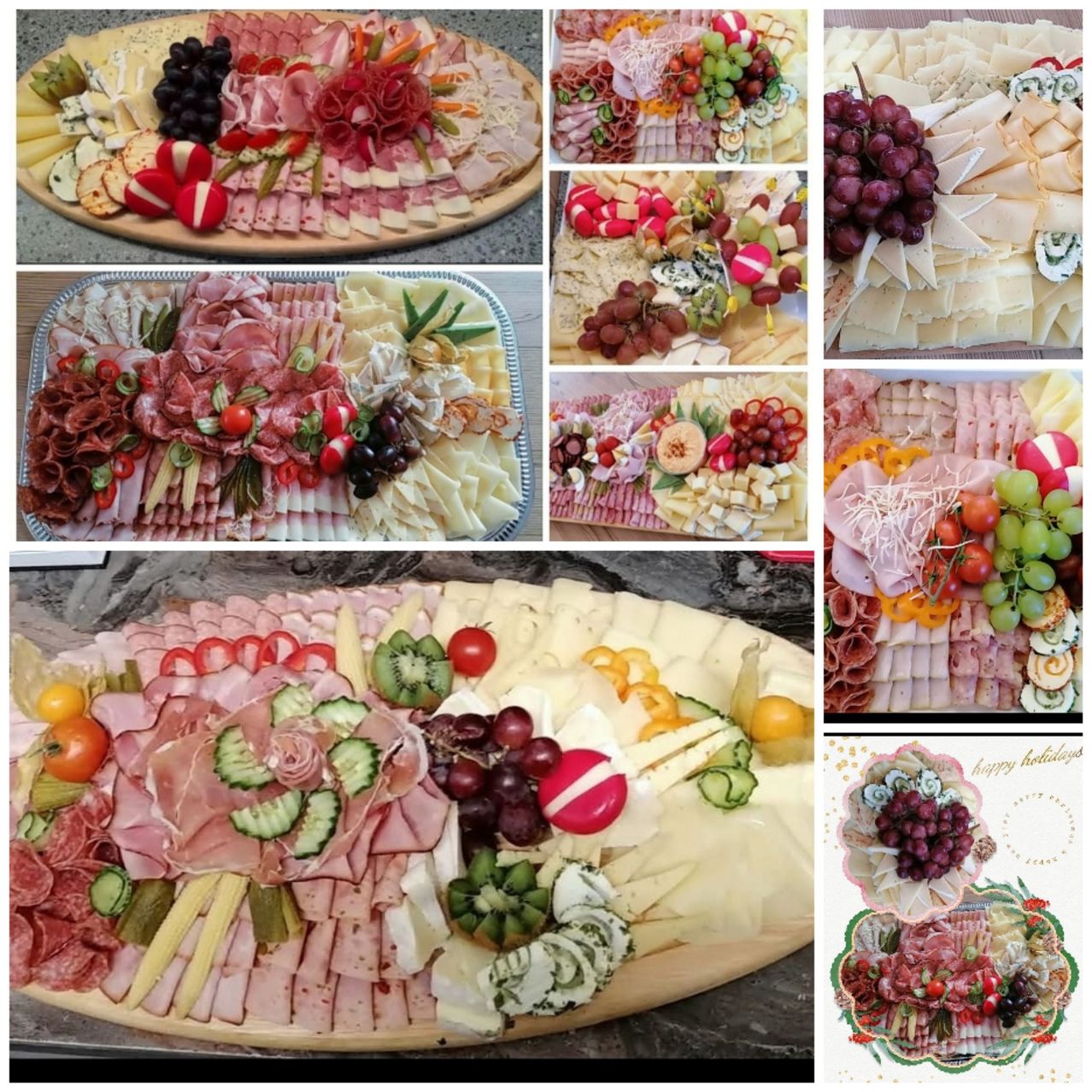 Eine Collage mehrerer Charcuterie-Bretter, gefüllt mit verschiedenen Fleischsorten, Käse, Obst und Gemüse. Jedes Brett ist kunstvoll arrangiert mit bunten Dekorationen, und eine festliche 'Frohe Feiertage' Karte ist enthalten.