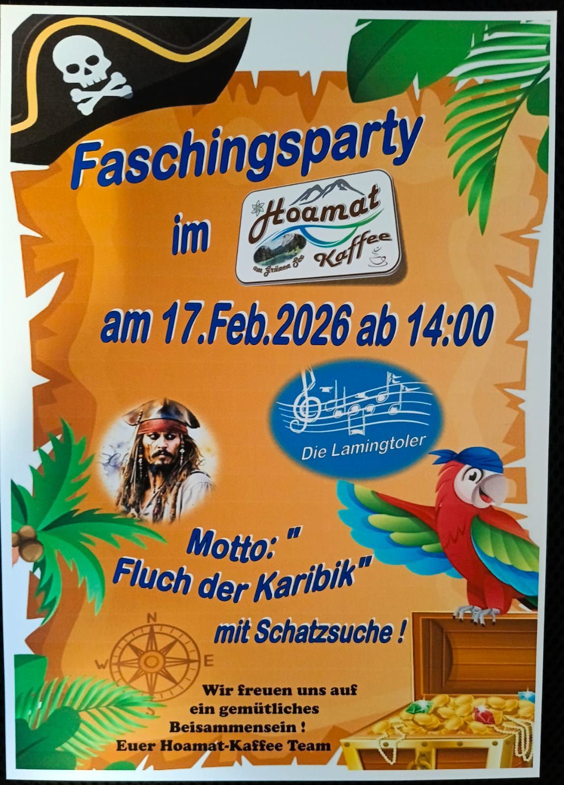 Poster for a Faschingsparty event at Ottoamat on February 17, 2026, at 2 PM. Features a pirate and a parrot with the motto 'Fluch der Karibik'.
