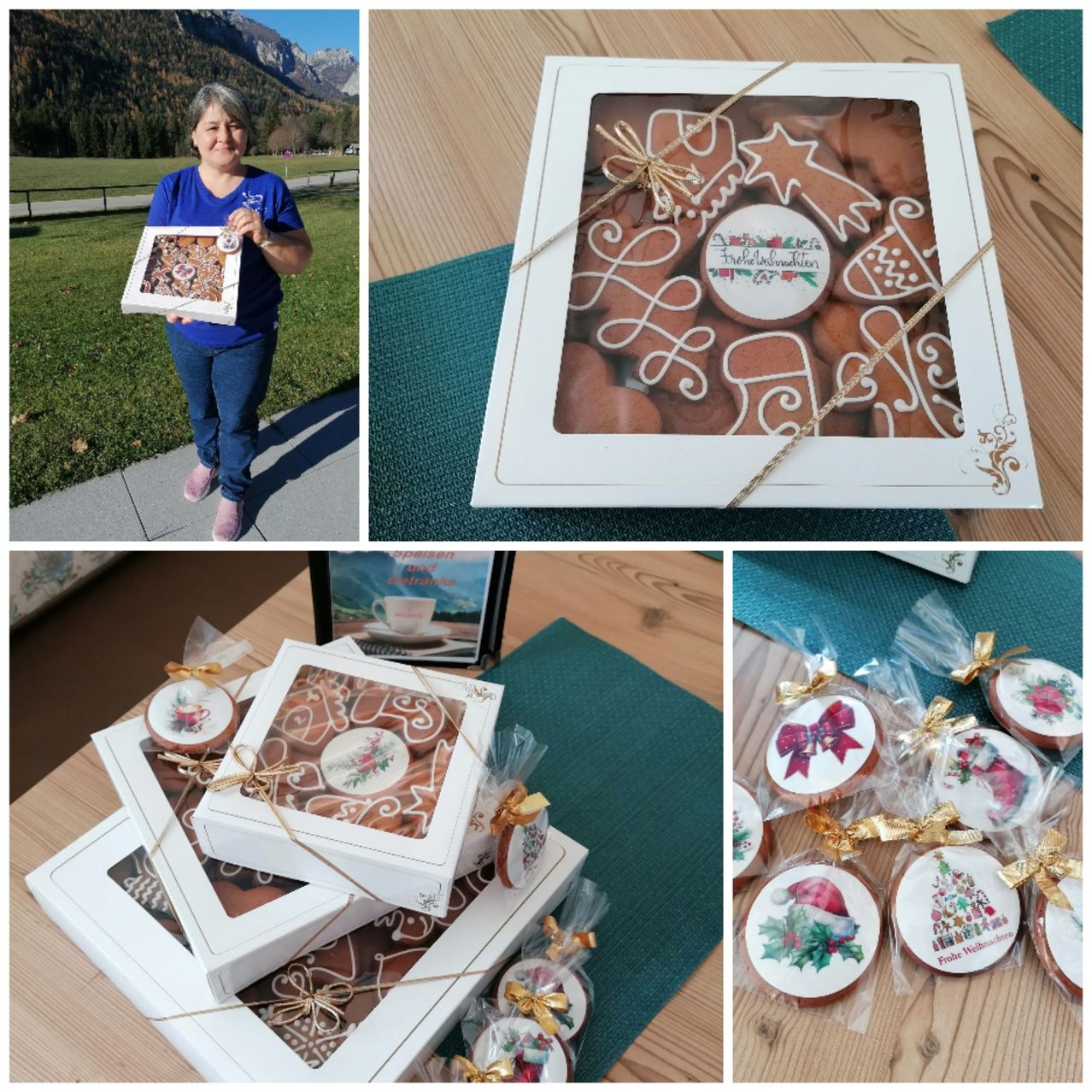 Eine Frau hält eine Box mit Lebkuchen. Auf einem Tisch befinden sich ein Stapel von Boxen und mehrere einzelne Kekse. Alle Artikel sind schön verpackt.