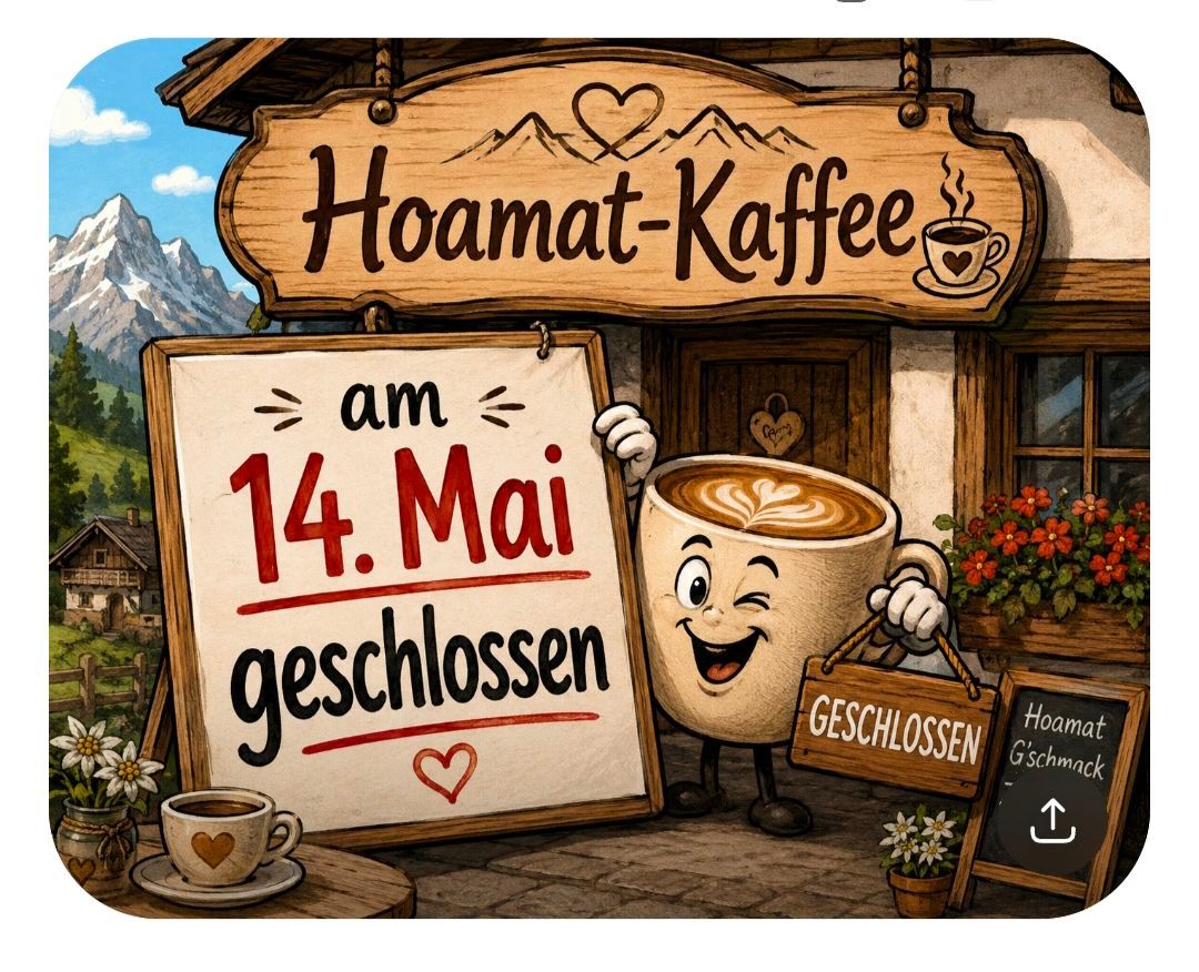 Illustration eines Cafés mit einem Schild, das 'Hoamat-Kaffee' steht. Eine lächelnde Kaffeetasse hält ein Schild mit der Aufschrift 'Geschlossen'. Das Datum '14. Mai' steht auf einem Whiteboard.