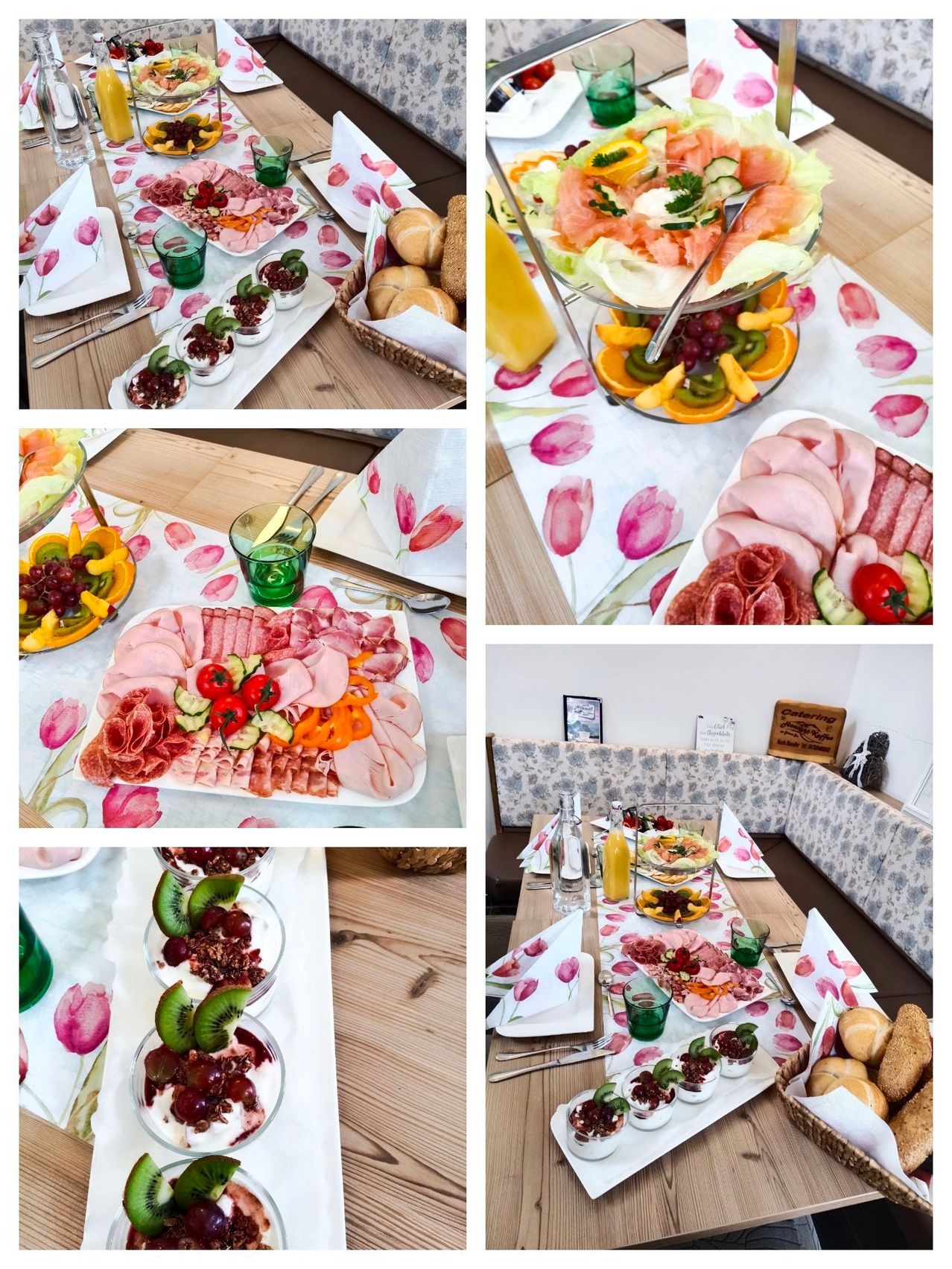 Eine Collage verschiedener Frühstücks-Setups mit blumengemusterten Tischläufern, Fleisch und Obst auf einem Holztisch. Jedes Bild zeigt einen anderen Blickwinkel und verschiedene Lebensmittel.