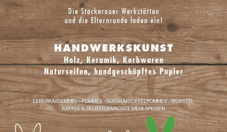 Plakat für Stockerau Workshops am 21. März 2026 von 13.00 bis 18.00 Uhr in der Theodor-Stefsky-Gasse 24-26. Workshops umfassen Holz, Keramik, Korbflechterei, Naturdrucke, handgeschöpftes Papier. Essen umfasst Leberkäse, Äpfel, Süßkartoffelpuffs, Wurst, Kaffee und selbstgemachte Mehlspeisen. Illustration von Hasen.