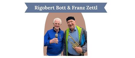 Poster for a theater event featuring Rigobert Bott and Franz Zettl, with a trumpet-holding man on the right and a man with a microphone on the left. The poster includes details such as the date, time, and reservation number.