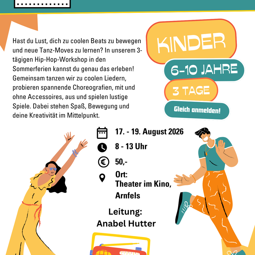 Beteiligen Sie sich an unserem 3-tägigen Hip-Hop-Workshop für Kinder im Alter von 6-10 Jahren. Tanzen Sie zu coolen Beats, lernen Sie neue Tanzschritte und spielen Sie Spiele. Keine Accessoires erforderlich. Melden Sie sich jetzt an!