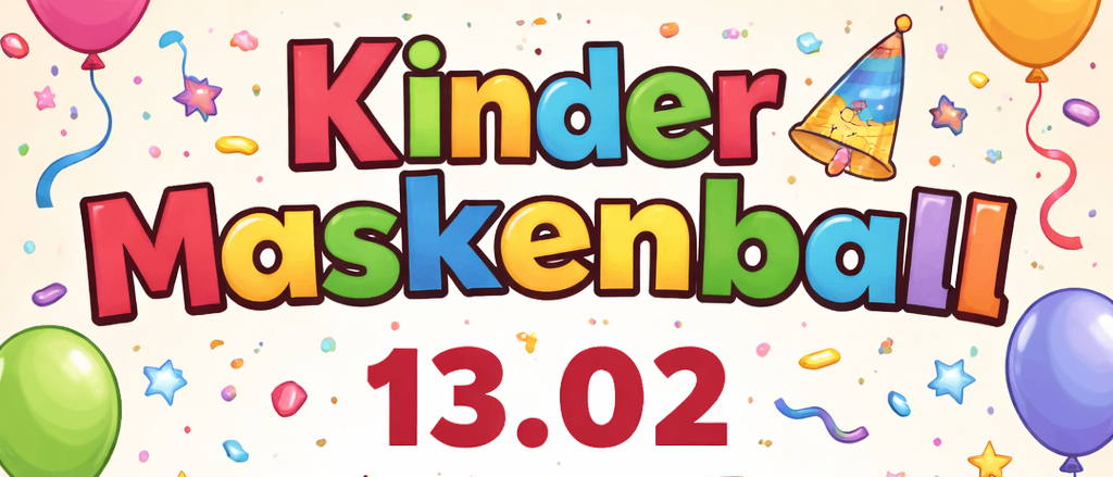 Eine Illustration einer Madchen im rosa Prinzessinnenkleid und einem Jungen in Piratenkostum, beide mit Masken, mit Luftballons und dem Datum 13.02 im Hintergrund.