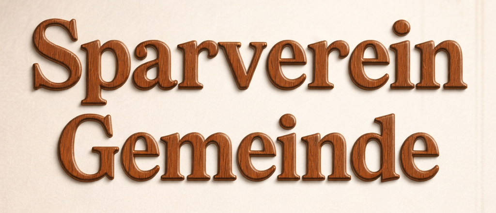 Das Bild zeigt den Text 'Sparverein Gemeinde' in brauner Holzschrift, darunter steht '1. Sparvereinseinzahlung'. Darunter befinden sich Stapel goldener Münzen und ein Eichenblatt-Design.