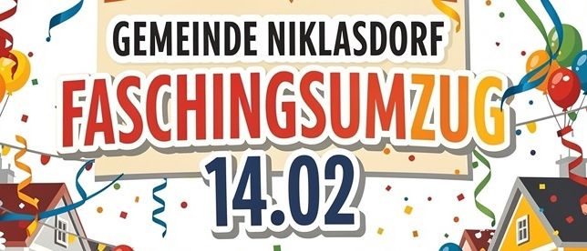 Eine farbenfrohe Cartoon-Illustration zeigt einen festlichen Umzug mit Menschen in Karnevalskostümen. Es gibt Häuser, bunte Luftballons und Bänder. Der Text lautet 'Faschingsumzug 14.02' auf Deutsch.