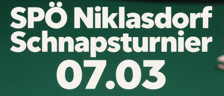Grüner Hintergrund mit drei Karten: König der Herzen, As der Pik und Dame der Karo. Der Text lautet 'SPO Niklasdorf Schnapsturnier 07.03'.