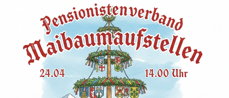 Illustration einer traditionellen Maibaumaufstellung. Eine Gruppe von Menschen in traditioneller bayerischer Kleidung umgibt einen Maibaum. Das Datum ist der 24. April und die Zeit ist 14:00 Uhr.