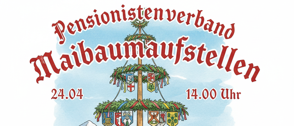 Illustration einer traditionellen Maibaumaufstellung. Eine Gruppe von Menschen in traditioneller bayerischer Kleidung umgibt einen Maibaum. Das Datum ist der 24. April und die Zeit ist 14:00 Uhr.