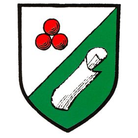 Schild diagonal geteilt, mit drei roten Kreisen in der oberen linken Ecke und einer weißen Schriftrolle in der unteren rechten Ecke.