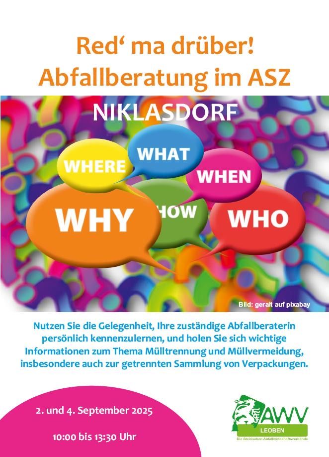 The poster invites to a waste consultation event in Niklasdorf. It features a colorful background with speech bubbles asking questions like 'What', 'Where', 'When', 'Why', 'How', and 'Who'. The poster encourages people to meet their waste advisor, offering information on waste separation and waste avoidance, particularly on separate collection of packaging. The event is scheduled for September 2nd and 4th, 2025.