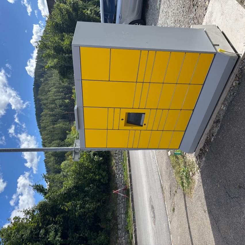 Ein gelber Paketschließfach mit mehreren Fächern steht am Straßenrand mit Bäumen und einem Berg im Hintergrund.