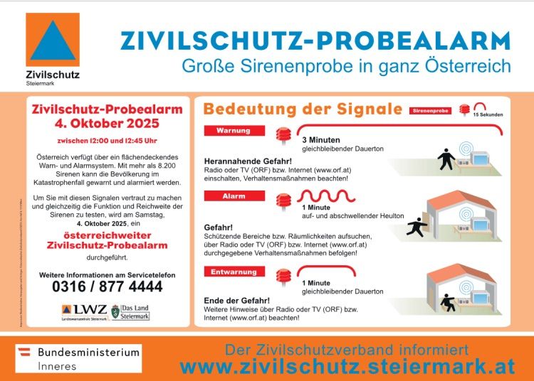 Plakat über die Zivilschutz-Probealarm in Österreich, geplant für den 4. Oktober 2025. Es enthält Details zur Bedeutung der Signale und den zu ergreifenden Schritten während des Alarms.