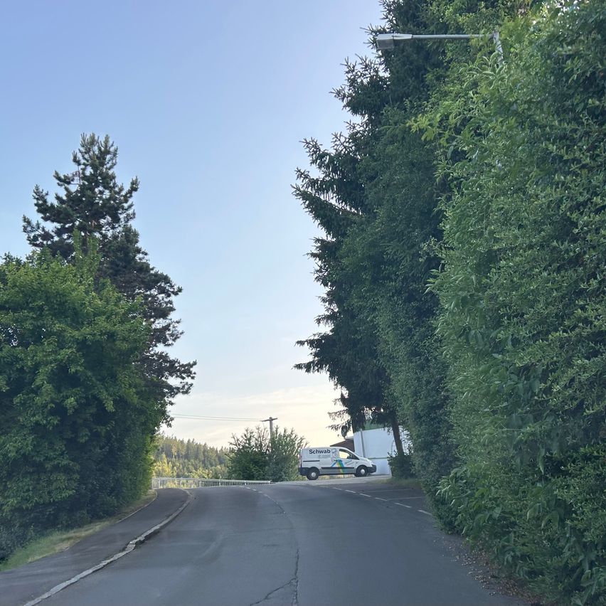 Ein weißer Lieferwagen mit dem Wort Schwab auf der Seite steht am Straßenrand, umgeben von grünen Bäumen. Die Straße ist leer und kurvig.