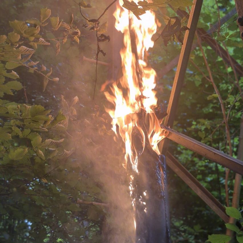 Ein Baumstamm brennt in einem Wald, mit hellen Flammen und aufsteigendem Rauch. Der Baum ist von grünen Blättern umgeben.