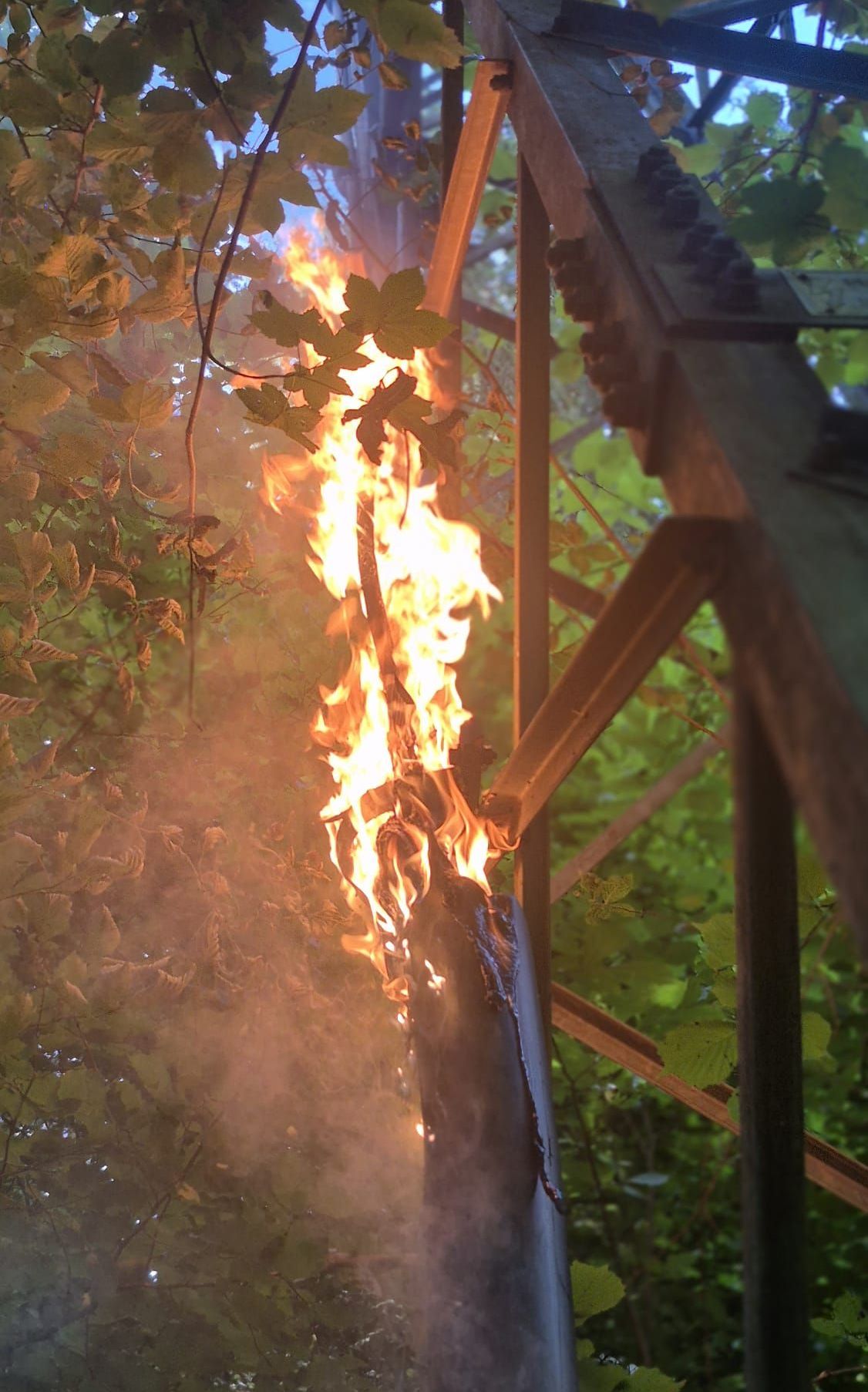 Ein Baumstamm ist von Flammen umhüllt, umgeben von grünen Blättern und einer Holzkonstruktion. Das Feuer gibt Rauch ab, und die Szene spielt sich in einem Wald ab.