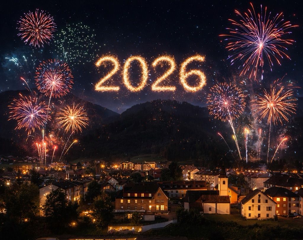 Eine nächtliche Szene zeigt Feuerwerke, die den Himmel erleuchten, wobei das Jahr 2026 prominent leuchtet. Die Feuerwerke explodieren in leuchtenden Farben gegen einen dunklen Himmel. Das Dorf unten wird von den Lichtern von Häusern und Gebäuden erleuchtet. Im Hintergrund erheben sich Berge unter einem sternenklaren Himmel.