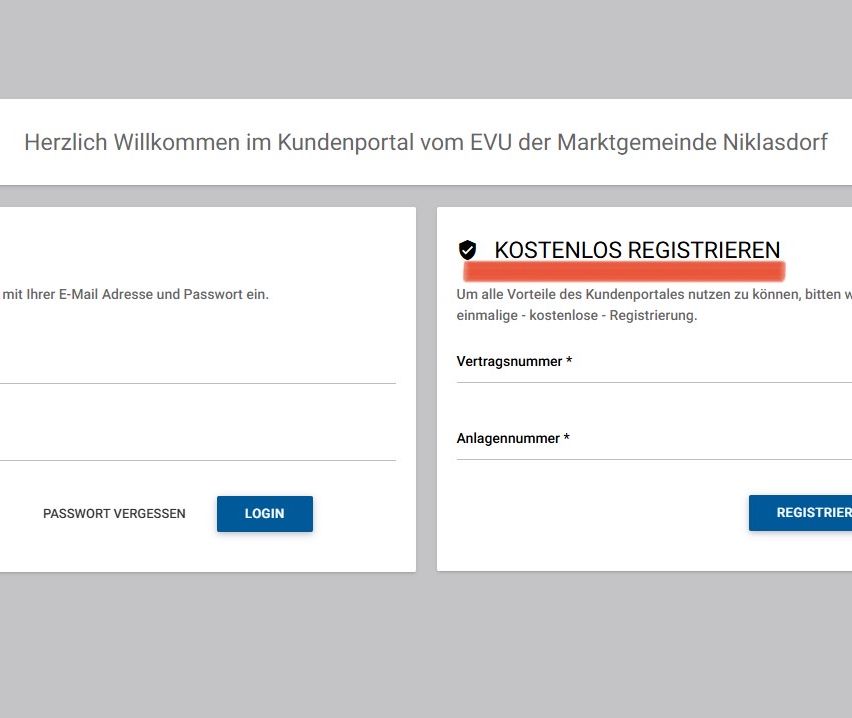 Willkommen im Kundenportal der EVU der Gemeinde Niklasdorf. Ein Formular zum Eingeben von E-Mail und Passwort erscheint. Unten befinden sich die Schaltflächen 'Login' und 'Passwort vergessen'. Über dem Formular ist eine Registrierungsaufforderung angezeigt.
