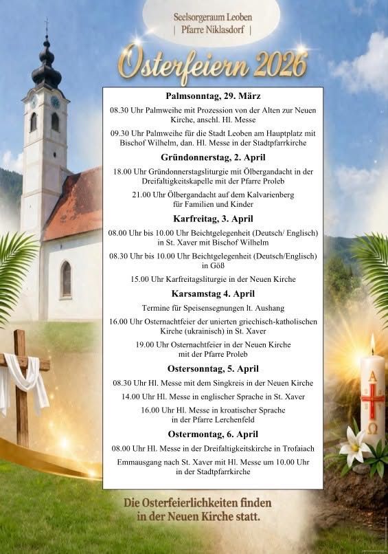 Plakat für Osterfeiern 2026 in Plairre Niklasdorf, mit Kirche und Bergen. Es listet Veranstaltungen vom Palmsonntag bis Ostermontag auf.