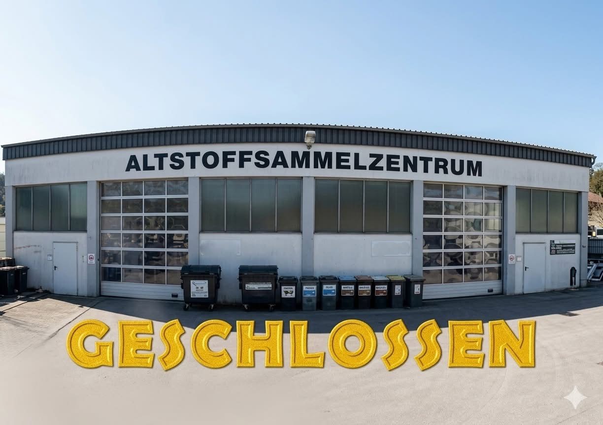 Das Altstoffsammelzentrum-Gebäude mit mehreren Mülleimern davor ist geschlossen. Der Text 'Geschlossen' ist prominent in Gelb angezeigt.