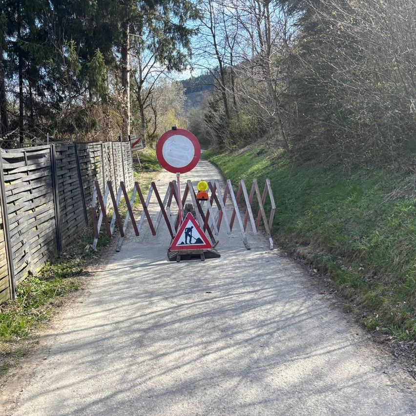 Eine Straße ist durch Absperrungen mit Warnschildern gesperrt, die auf Baustellen hinweisen. Bäume und Gras säumen beide Seiten des Weges.
