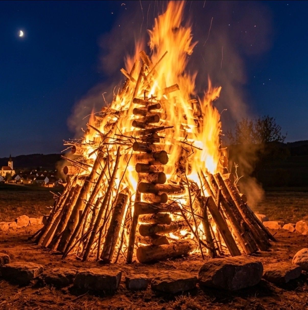 Ein Lagerfeuer brennt in der Nacht hell. Es ist von Steinen und Holz umgeben und wirft warmes Licht. Der Mond ist am Himmel sichtbar.