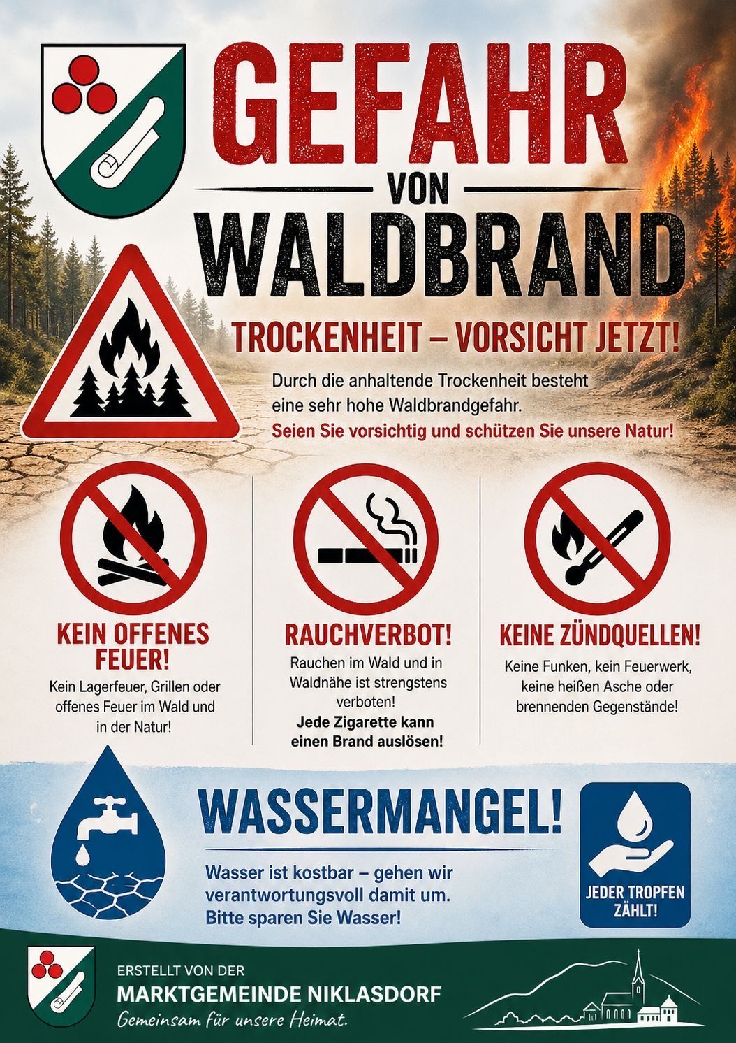 Waldbrandwarnplakat. Es warnt vor hoher Brandgefahr durch Trockenheit. Es verbietet offenes Feuer, Rauchen und das Zurücklassen von brennenden Gegenständen im Wald. Es fordert zum Schutz der Natur auf. Wassermangel wird ebenfalls erwähnt.