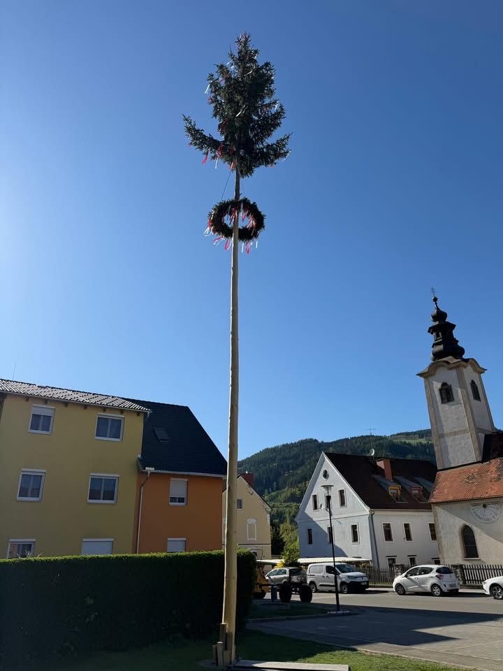 Ein geschmückter Tannenbaum steht auf dem Dorfplatz mit Gebäuden und einer Kirche im Hintergrund. Der Himmel ist klar und blau.