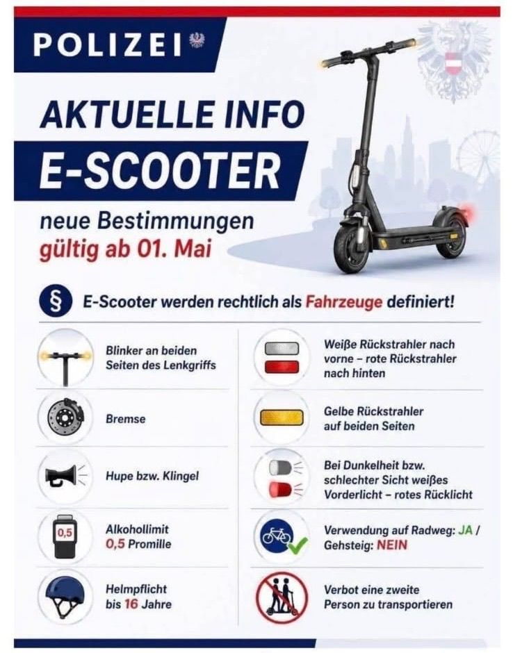 Neue Bestimmungen für E-Scooter. Gültig ab 01. Mai. E-Scooter werden rechtlich als Fahrzeuge definiert. Beinhaltet Anforderungen wie Blinker, Bremsen und Alkohollimit. Fahrradwege: Ja / Helmpflicht: Nein.