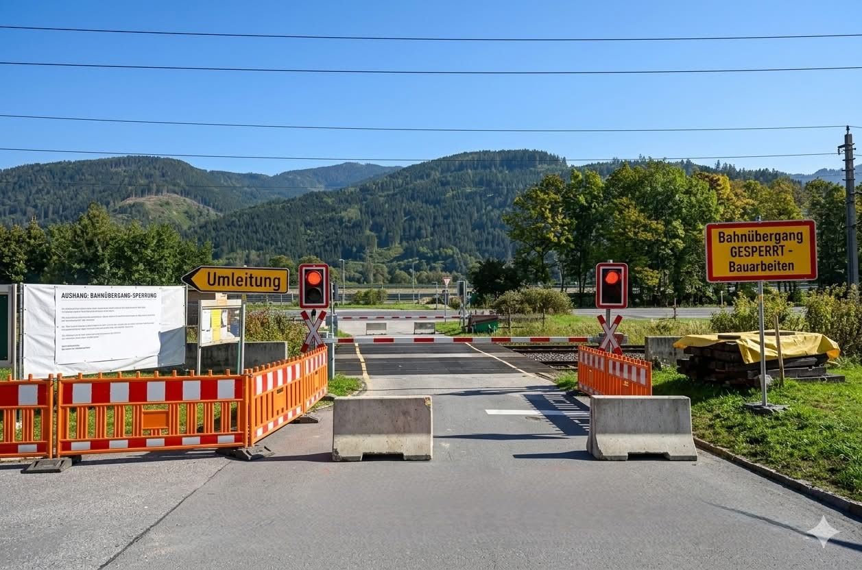 Ein Umleitungsschild mit roter Ampel steht vor einem gesperrten Bahnübergang mit Verkehrskegeln und einem Schild. Dahinter befindet sich ein Rasenbereich mit Pflanzen und einer Bergkette.