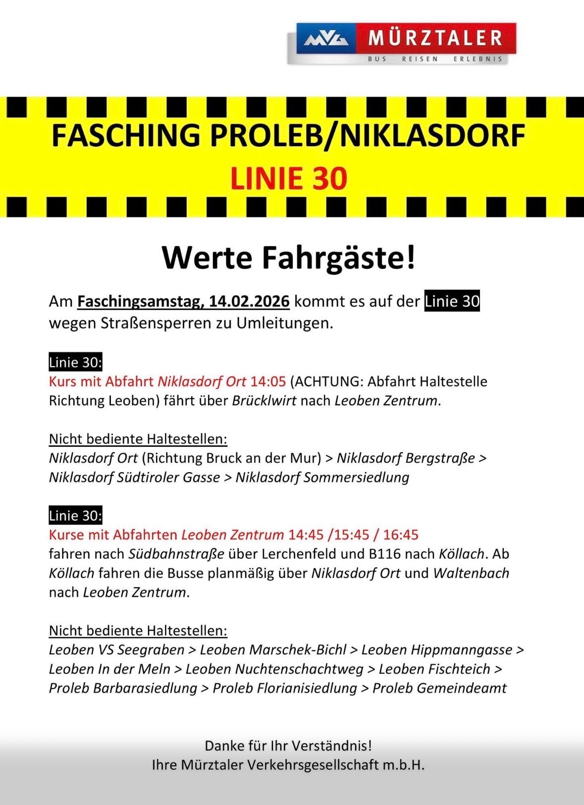 Das Bild zeigt eine Bekanntmachung über Straßensperrungen für Linie 30 am 14.02.2026. Busse weichen aufgrund von Straßensperrungen auf bestimmte Routen aus. Bestimmte Haltestellen werden nicht bedient.