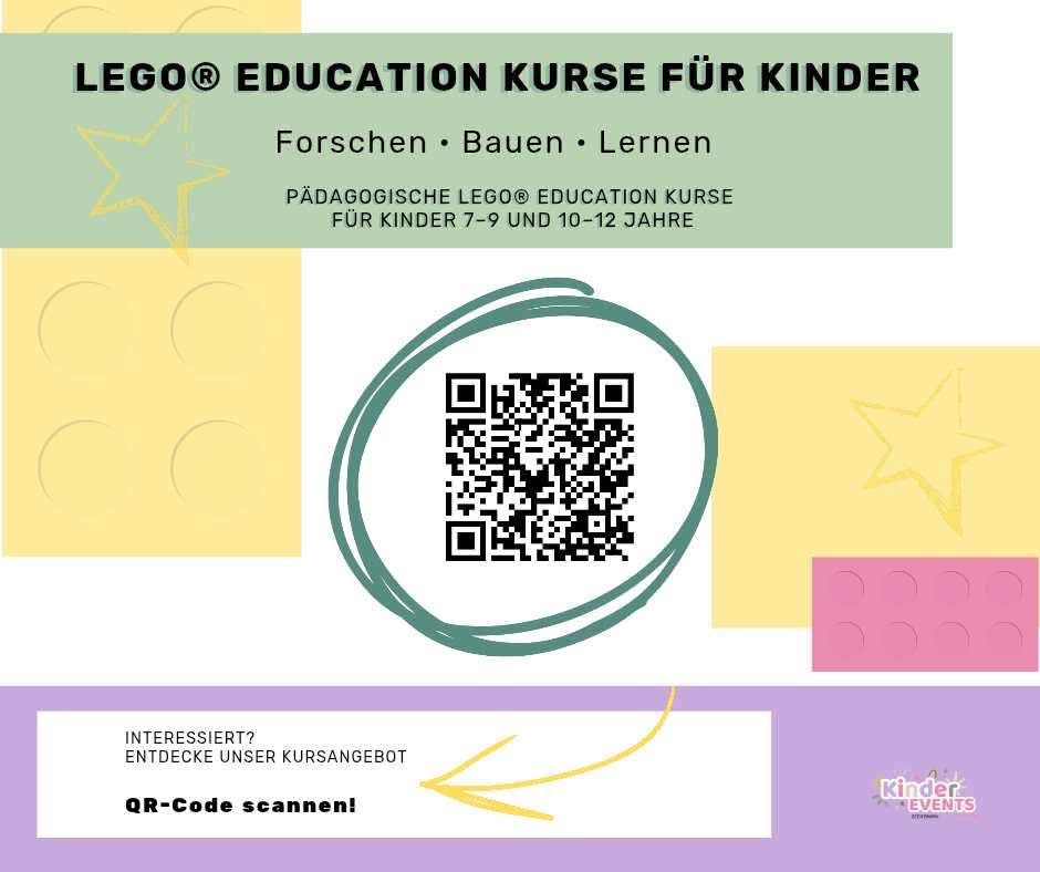 Plakat für LEGO Education Kurse für Kinder im Alter von 7-9 und 10-12 Jahren, die Forschung, Bauen und Lernen fördern. Ein QR-Code wird für die Kursentdeckung bereitgestellt.