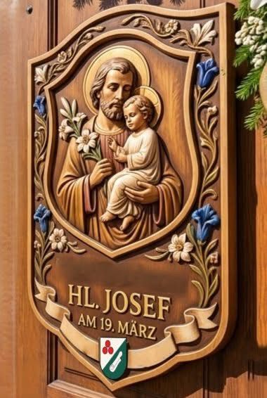 Eine Holztafel zeigt ein geschnitztes Bild von St. Josef, der ein Kind hält, mit Blumen um sie herum und dem Datum 19. März darunter.