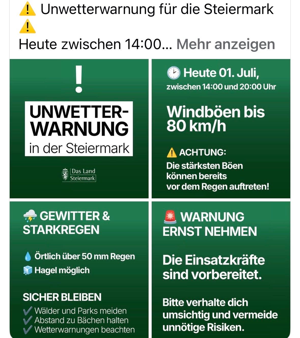 Wetterwarnung für die Steiermark: Starker Regen und Windböen bis 80 km/h. Wälder und Parks meiden. Einsatzkräfte sind vorbereitet.