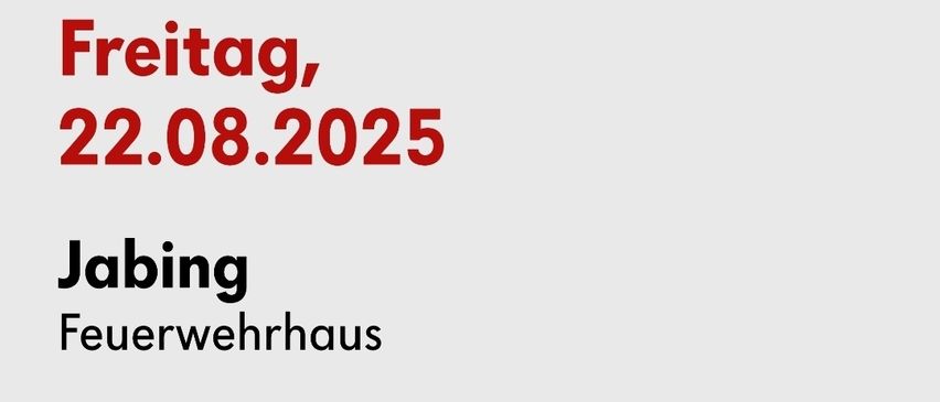 Ein Plakat für eine Blutspende-Veranstaltung. Es steht 'Spende Blut', 'Freitag, 22.08.2025', 'Jabing, Feuerwehrhaus' und '16:30 - 20:30 Uhr'. Ein QR-Code ist für die Buchung vorhanden.