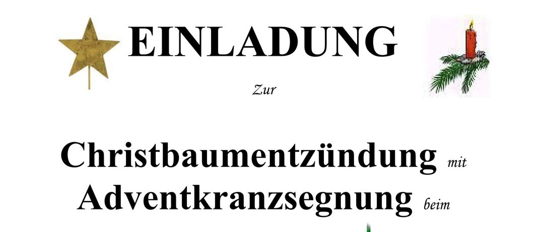 Plakat für die Christbaumanzündung mit Adventskranzsegnung beim Gemeinde- und Feuerwehrhaus am Samstag, 29.11.2025, um 18:00 Uhr. Es zeigt einen geschmückten Weihnachtsbaum, einen Adventskranz und Kerzen.