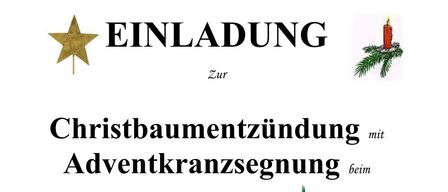 Plakat für die Christbaumanzündung mit Adventskranzsegnung beim Gemeinde- und Feuerwehrhaus am Samstag, 29.11.2025, um 18:00 Uhr. Es zeigt einen geschmückten Weihnachtsbaum, einen Adventskranz und Kerzen.