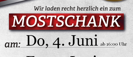 Die Feuerwehr Jabing lädt herzlich zum MOSTSCHRANK ein. Donnerstag, 4. Juni ab 16:00 Uhr. Freitag, 5. Juni ab 16:00 Uhr. Samstag, 6. Juni ab 16:00 Uhr.