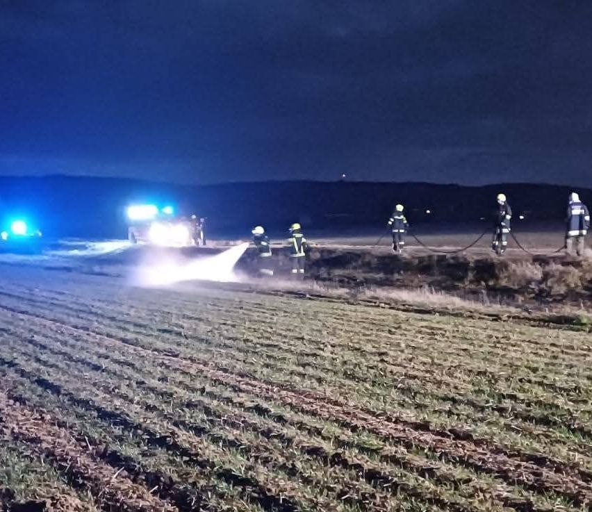 Firefighters are in a field at night, with a firetruck spraying water. Five firefighters are wearing helmets and are positioned near a fire truck.