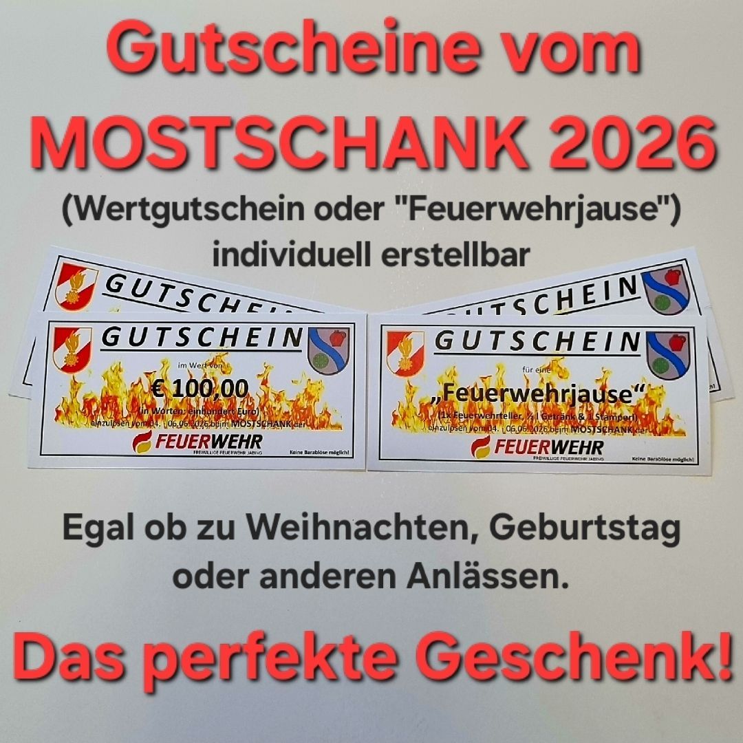 Eine Werbung für Gutscheine von Mostschank 2026, mit Gutscheinen in deutscher Sprache und Flammenbildern. Die Gutscheine sind individuell gestaltbar und für verschiedene Anlässe geeignet.