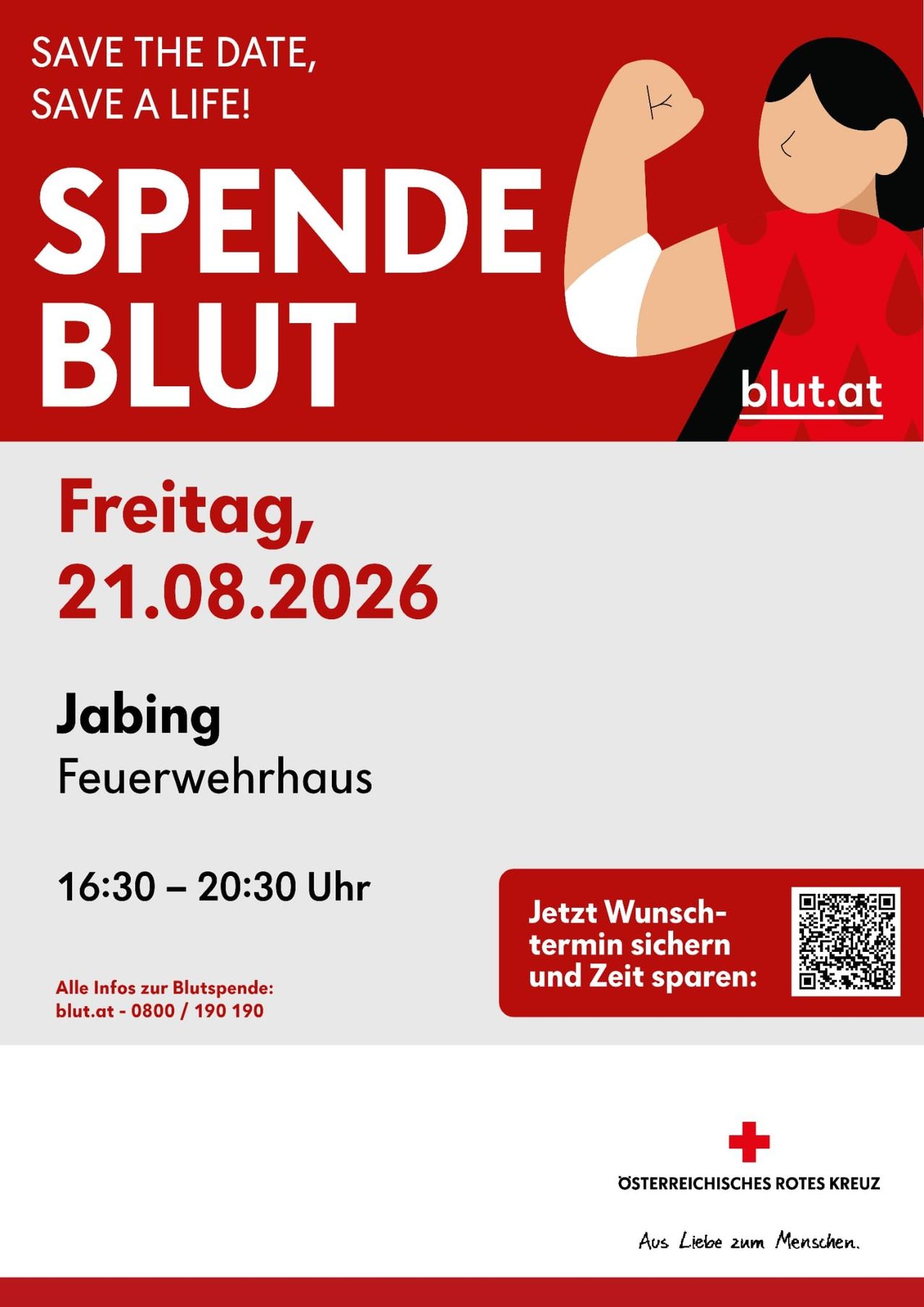 Plakat für Blutspende-Veranstaltung mit rotem Hintergrund, zeigt einen Arm mit Bluttropfen, Datum, Ort und Zeit. QR-Code für Terminbuchung.