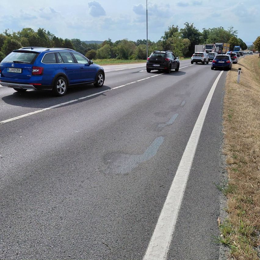 Ein blaues Auto fährt auf einer Autobahn mit mehreren anderen Fahrzeugen. Die Straße hat weiße Fahrspurmarkierungen und ist von Bäumen und Gras umgeben. Der Himmel ist bewölkt.