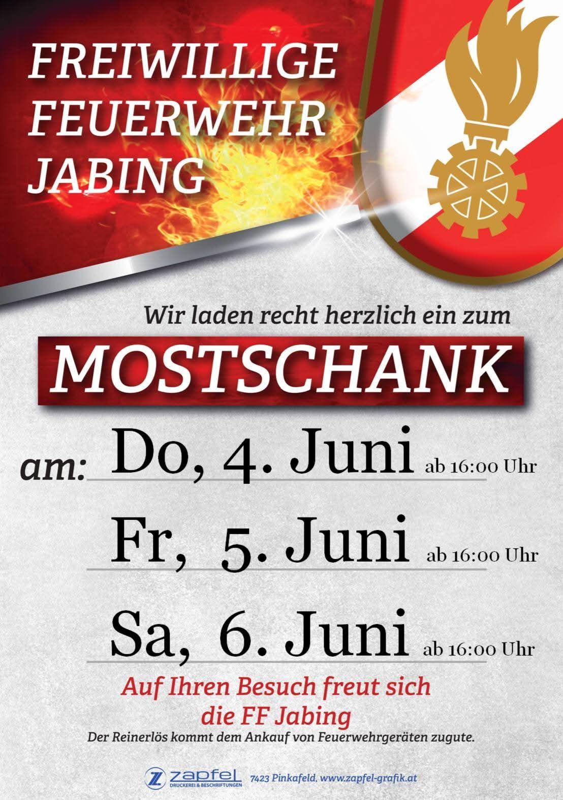Poster for Jabing Fire Department's event called 'Mostschank' on June 4th, 5th, and 6th starting at 4 PM. Features fire and logo.